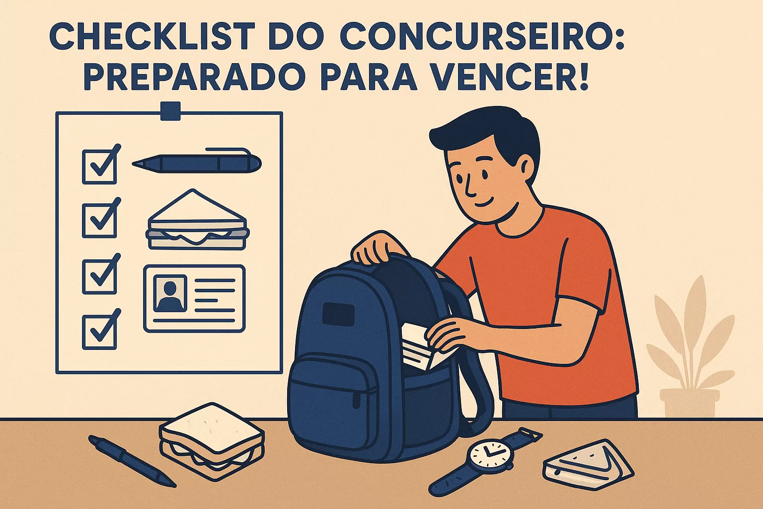 Concurseiro revisando checklist com documentos, materiais e planejamento para o dia da prova de concurso público