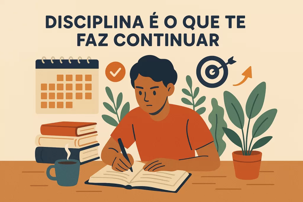 Pessoa estudando com foco e disciplina ao longo do tempo, com calendário, livros e ícones de metas ao redor