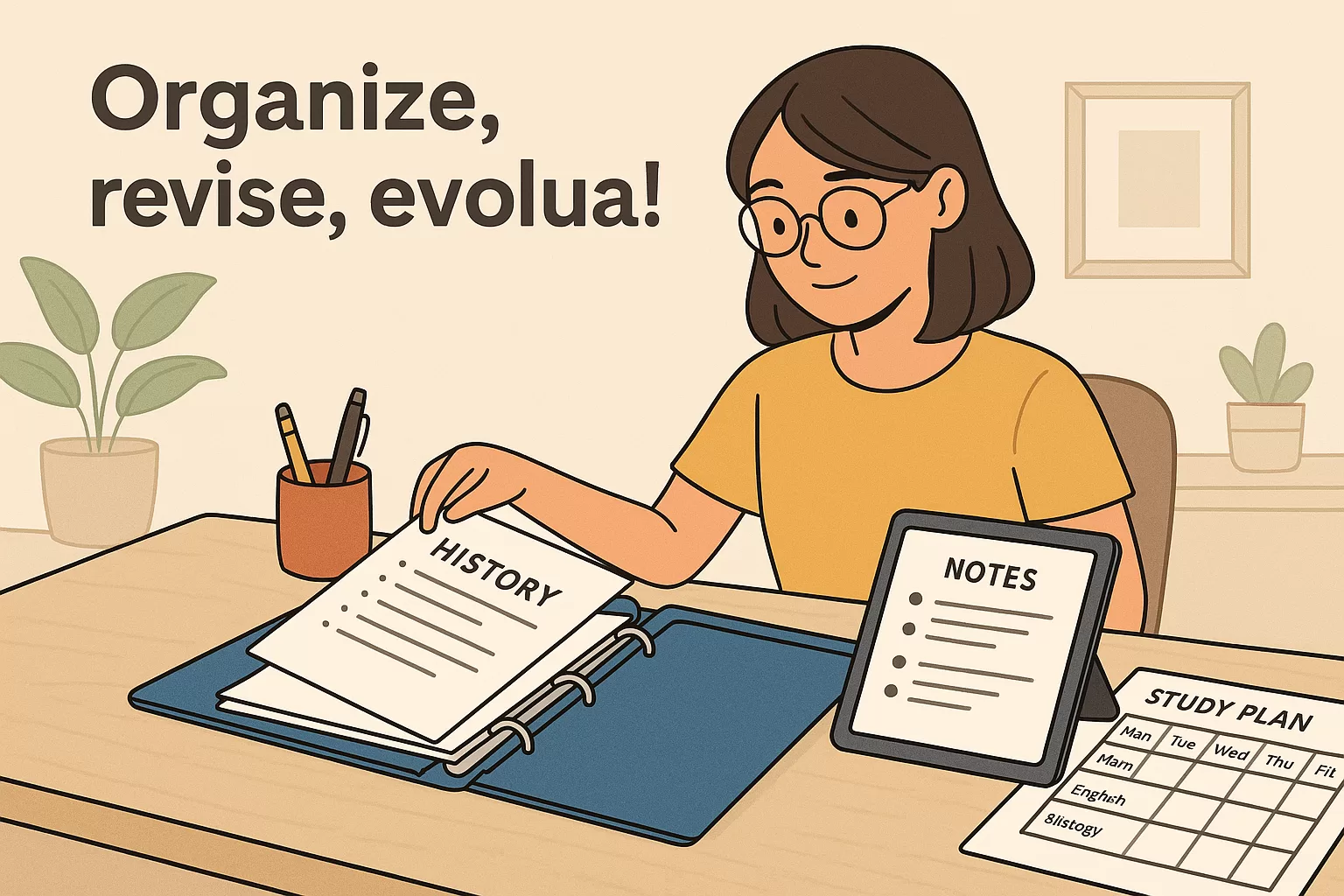 estudante organizando seus resumos e anotações com fichário, computador e planilha