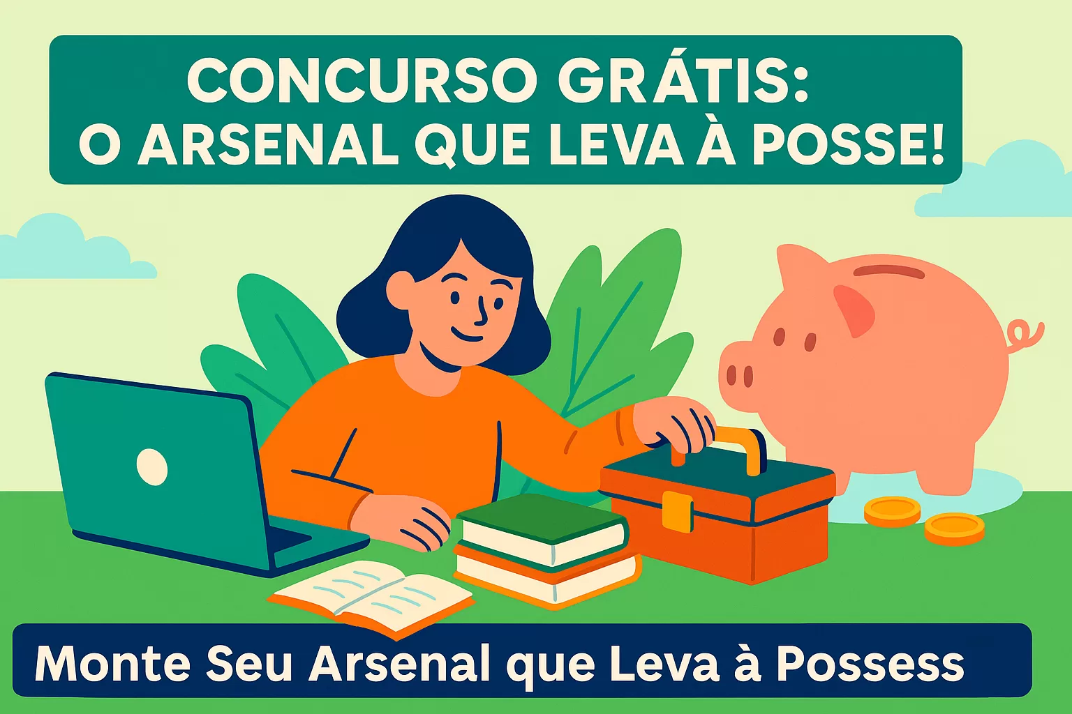 Ilustração flat de concurseiro(a) montando seu arsenal de estudo gratuito (online e offline) para ser aprovado mesmo sem dinheiro para cursinho.