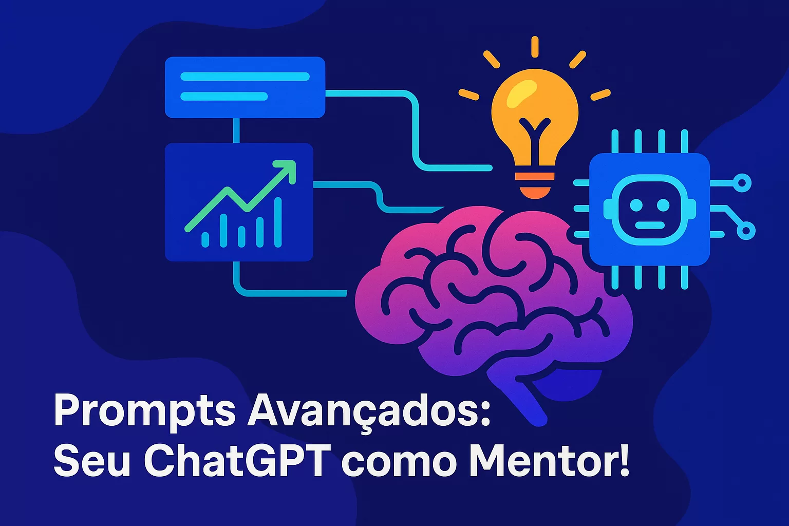 Ilustração flat mostrando como usar prompts avançados para transformar o ChatGPT em um mentor particular personalizado para estudos de concurso.