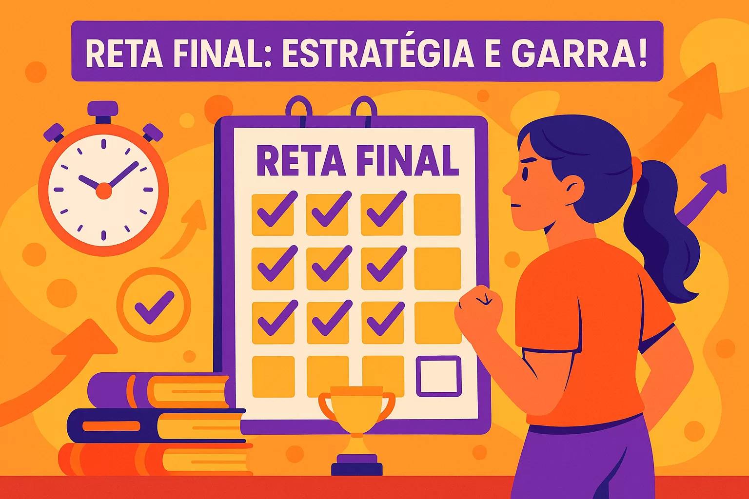 Ilustração flat de concurseiro(a) focado(a) em checklist intensivo de pós-edital para maximizar chances na reta final do concurso.