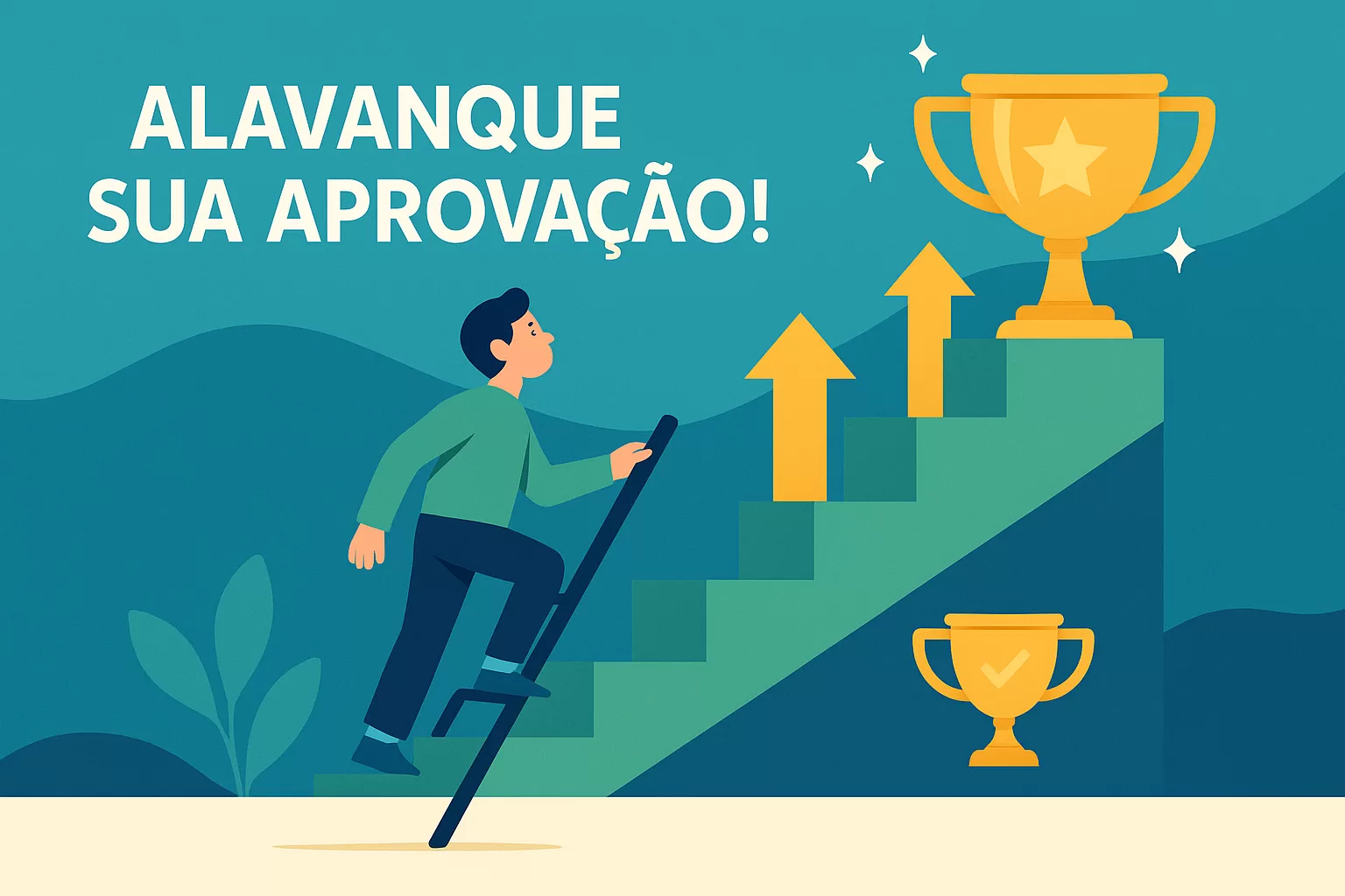 Ilustração flat de concurseiro(a) usando o cargo do concurso escada como degrau para alcançar a aprovação no concurso dos sonhos.