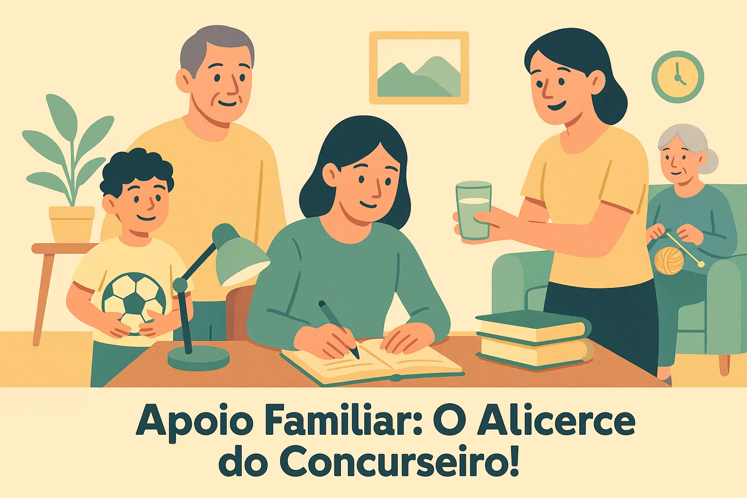 Ilustração flat de concurseiro(a) estudando em paz com o apoio e compreensão da família, após aplicar estratégias de comunicação e limites.