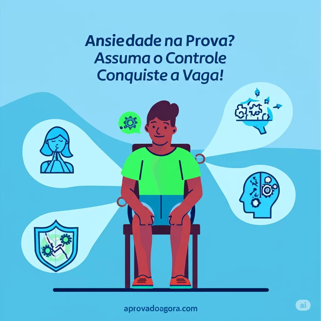 Ilustração flat de concurseiro(a) calmo(a) e focado(a) durante a prova, aplicando técnicas para controlar a ansiedade e o pânico.