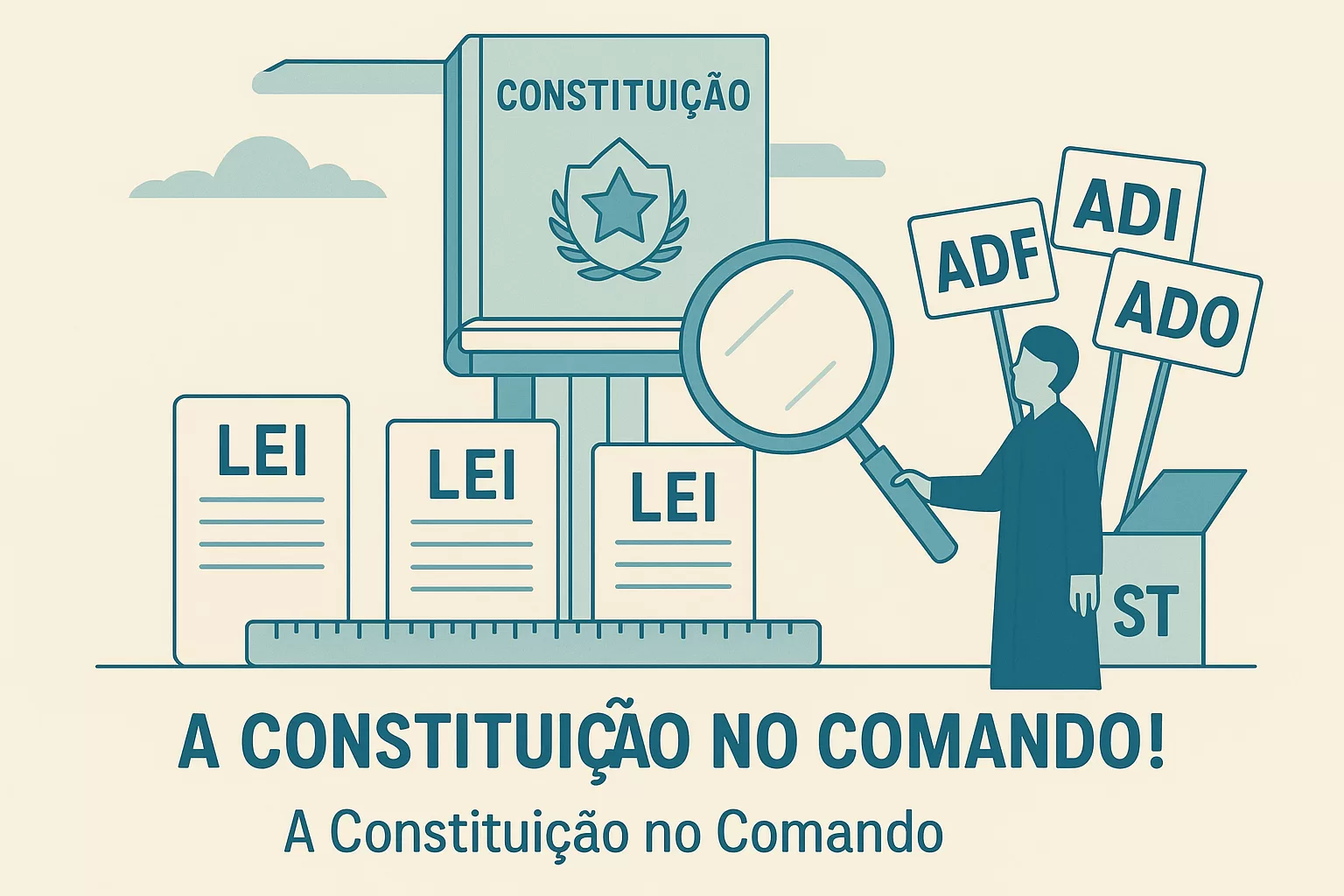 Ilustração flat descomplicando o controle de constitucionalidade para leigos, mostrando a Constituição, leis sendo analisadas pelo STF e as siglas ADI, ADPF, ADO.