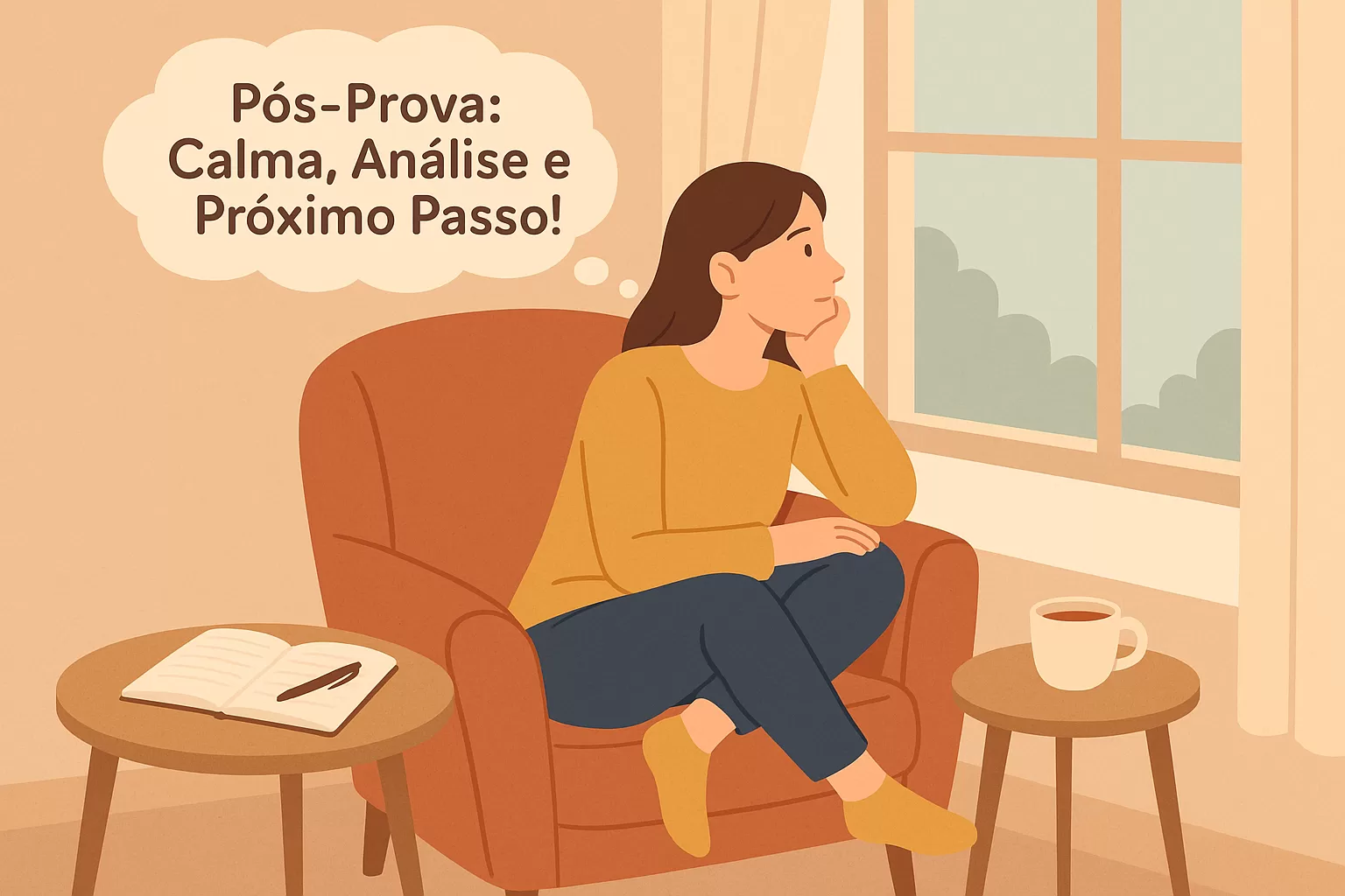 Ilustração flat de concurseiro(a) em momento de descompressão pós-prova, planejando os próximos passos com calma e estratégia para concursos.