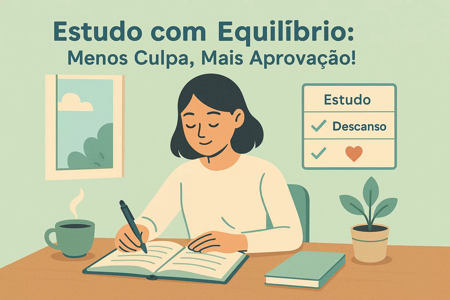 Ilustração flat de concurseiro(a) estudando com equilíbrio e sem culpa, encontrando paz na rotina para ser aprovado em concurso.