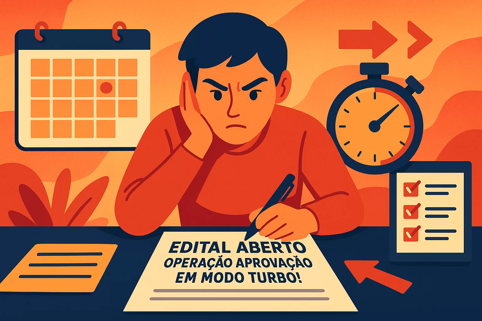 Ilustração flat de concurseiro(a) em gerenciamento de crise com edital aberto e matéria atrasada, planejando estudos para a reta final.