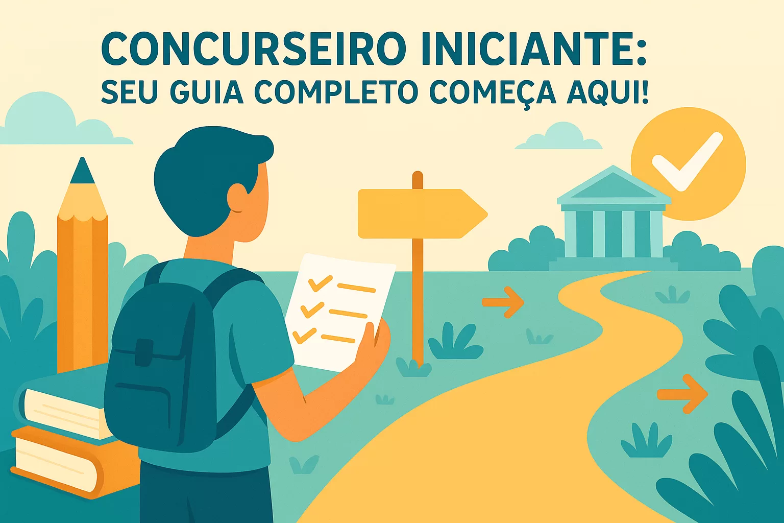 Ilustração flat de concurseiro iniciante começando a jornada de estudos do zero com um guia completo passo a passo para aprovação.
