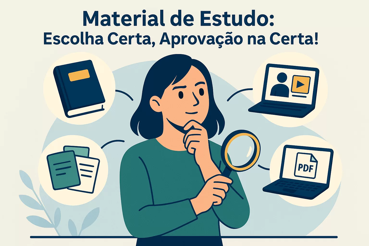 Ilustração flat de concurseiro(a) escolhendo criteriosamente entre diferentes tipos de material de estudo (cursos, PDFs, livros) para concurso.