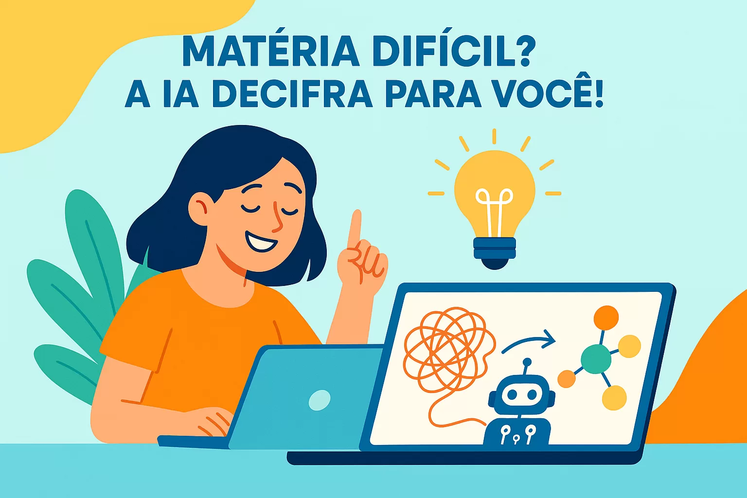 Ilustração flat de concurseiro(a) usando Inteligência Artificial para entender matérias difíceis de concurso através de explicações, analogias e mapas mentais.