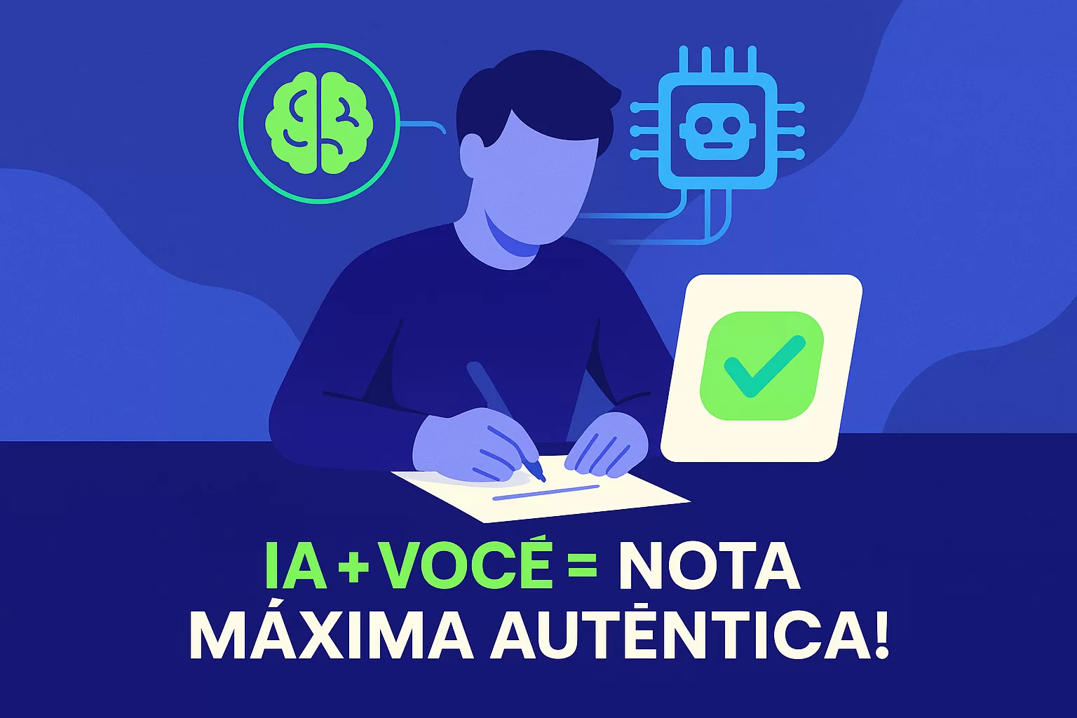 Ilustração flat de concurseiro(a) usando Inteligência Artificial para refinar sua prova discursiva, focando em escrita, argumentação e autenticidade.