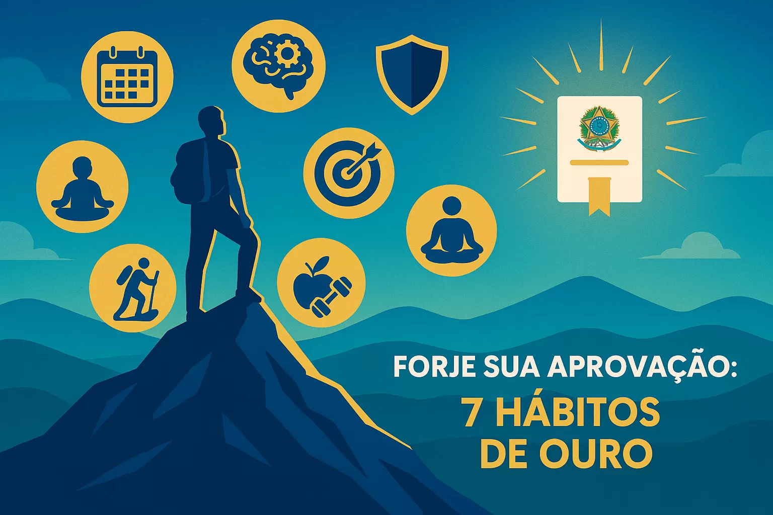 Ilustração flat de concurseiro(a) com mentalidade inabalável no topo de uma montanha, simbolizando os 7 hábitos dos aprovados em concursos.