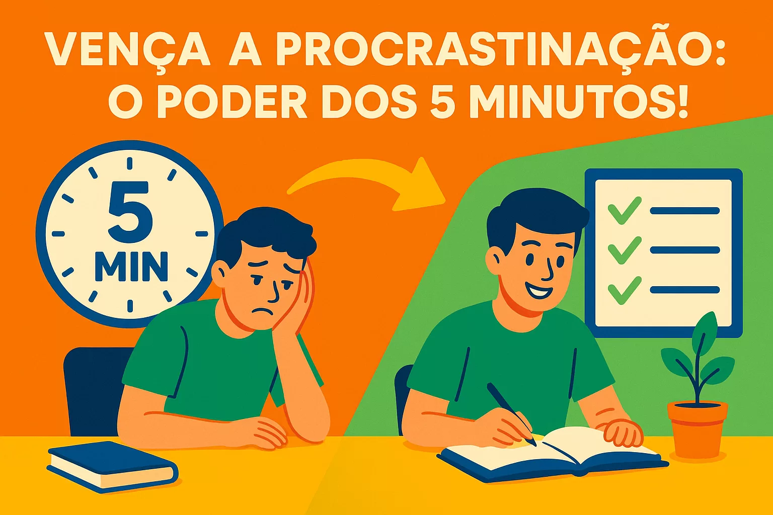 Ilustração flat de concurseiro(a) usando o método de 5 minutos para vencer a procrastinação crônica nos estudos e ganhar motivação para o concurso.
