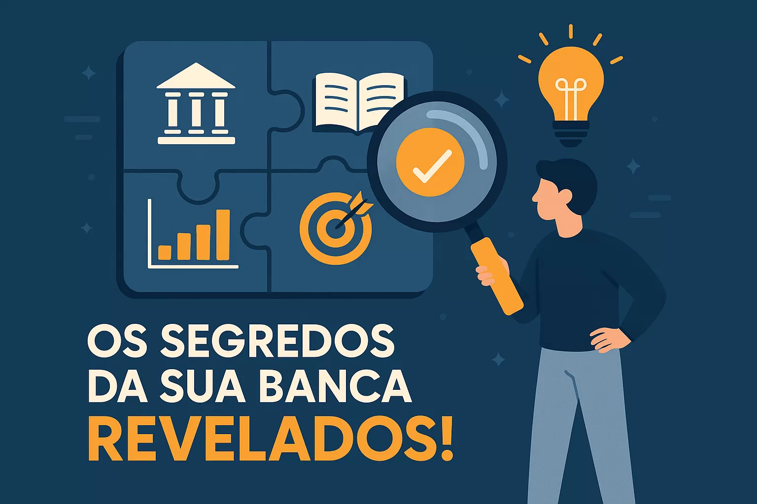 Ilustração flat de concurseiro(a) decifrando o perfil da banca examinadora com lupa e mapa mental para prever questões da prova.