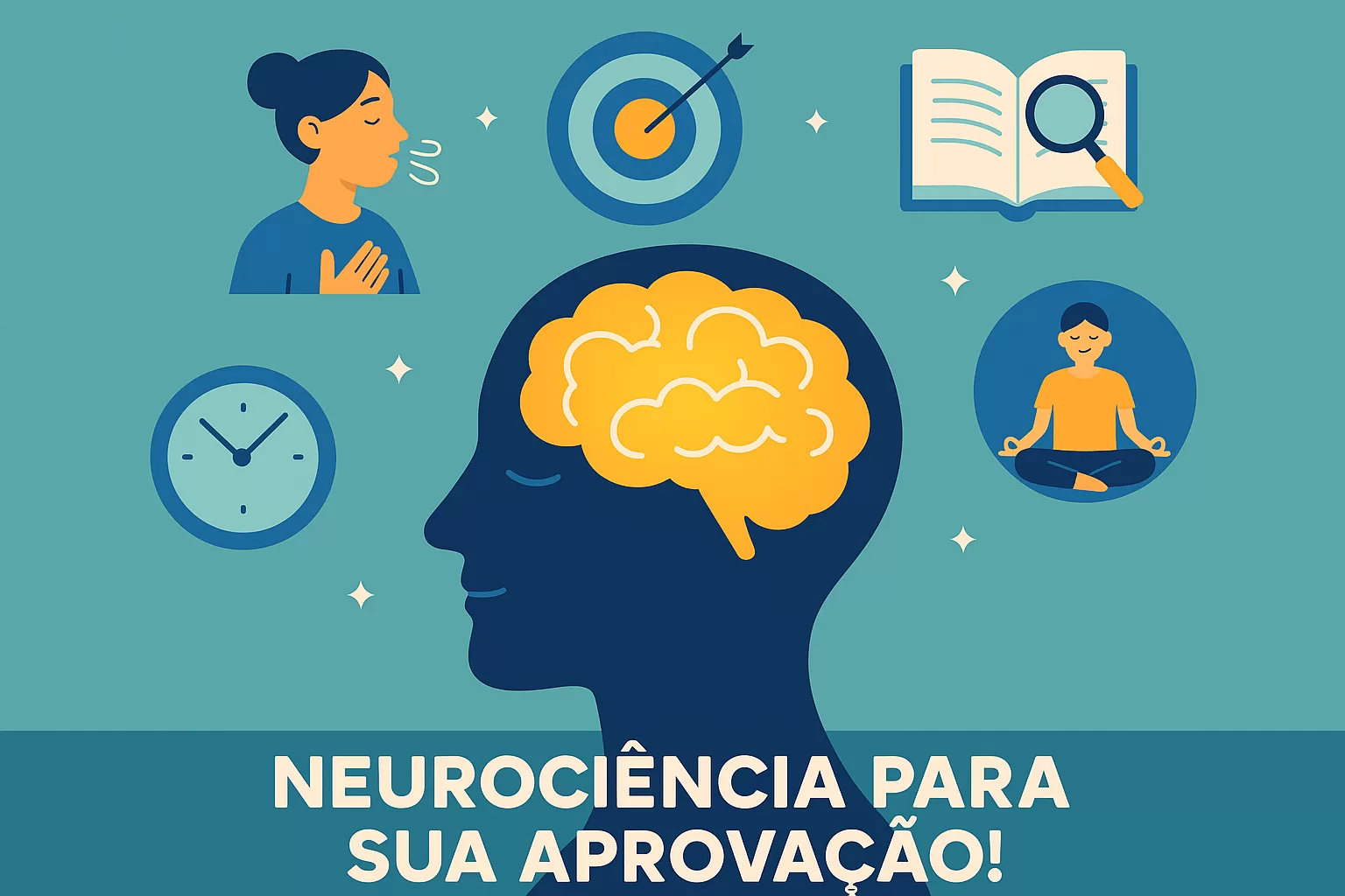 Ilustração flat de cérebro otimizado com estratégias neurocientíficas para performance máxima no dia da prova de concurso público.