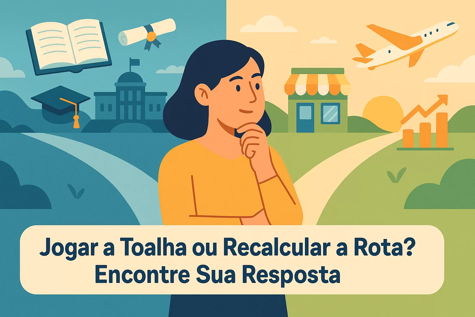 Ilustração flat de concurseiro(a) em uma encruzilhada, refletindo sobre a decisão de desistir do concurso ou encontrar motivação para continuar.