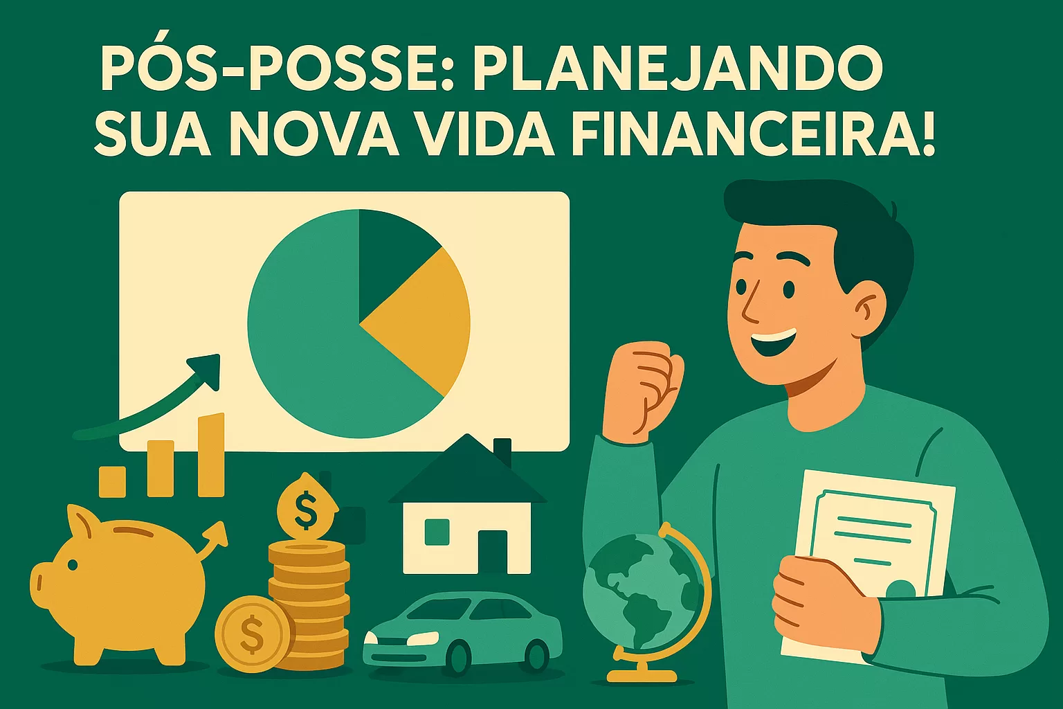 Ilustração flat de servidor público recém-aprovado planejando sua nova realidade financeira pós-posse, com foco no salário e benefícios.