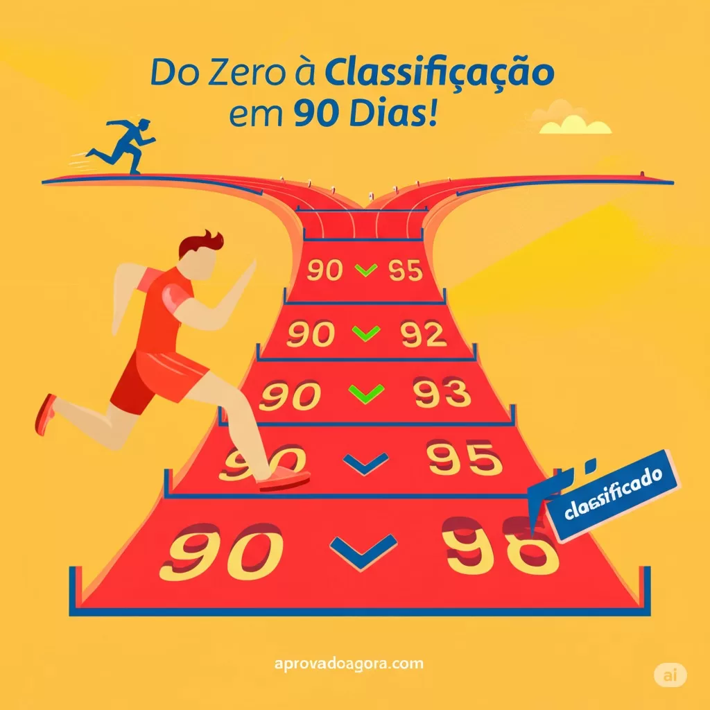 Ilustração flat de concurseiro(a) executando um plano de emergência de 90 dias para sair do zero e alcançar a classificação após o edital aberto.