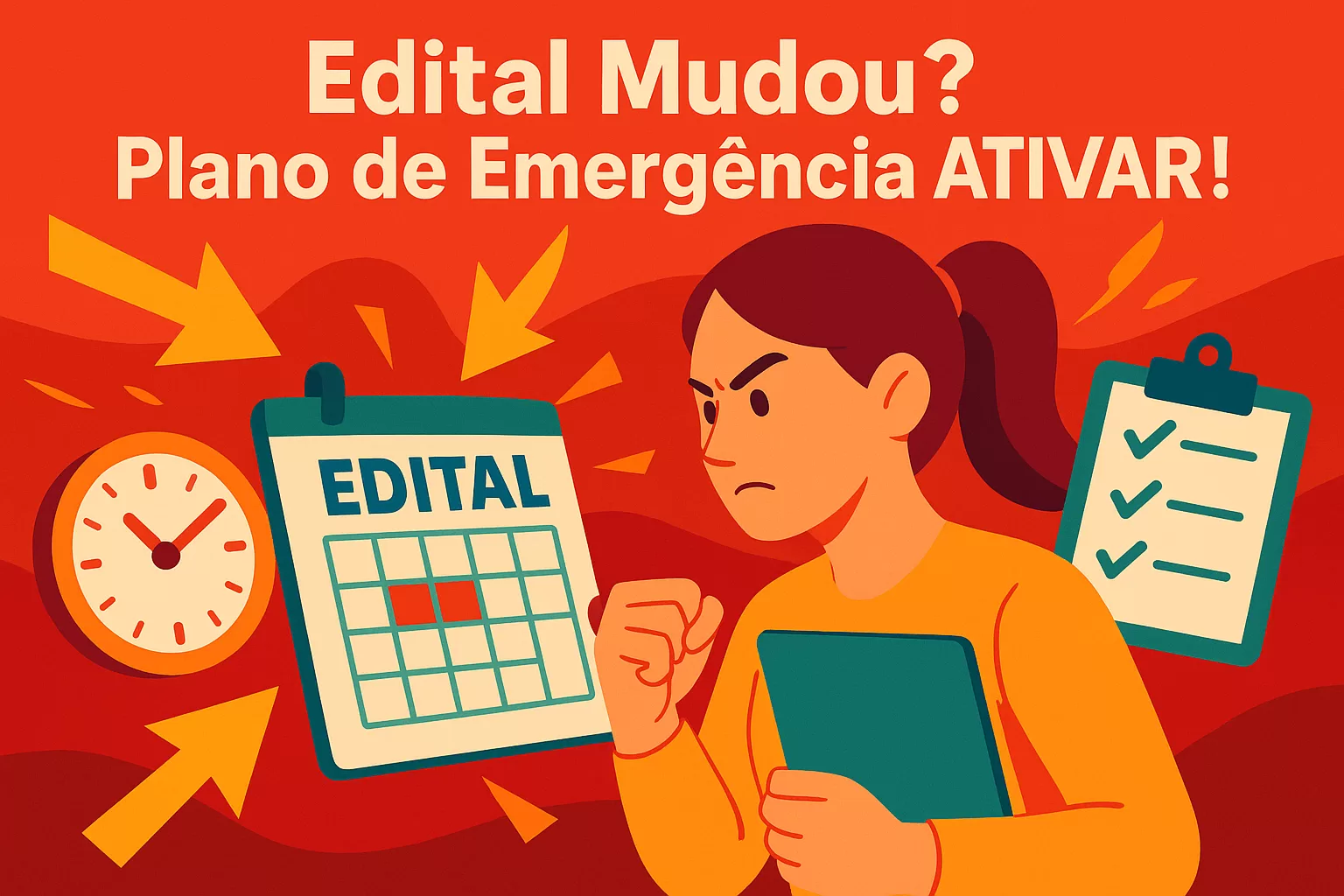 Ilustração flat de concurseiro(a) aplicando um plano de emergência para estudar matéria nova após mudança no edital do concurso.