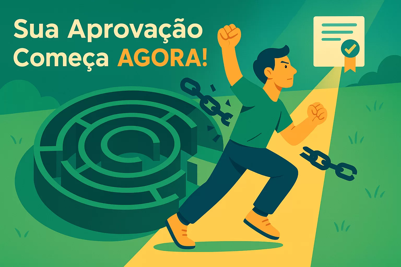 Ilustração flat de concurseiro(a) quebrando corrente do looping da reprovação e seguindo caminho iluminado para aprovação em concursos.