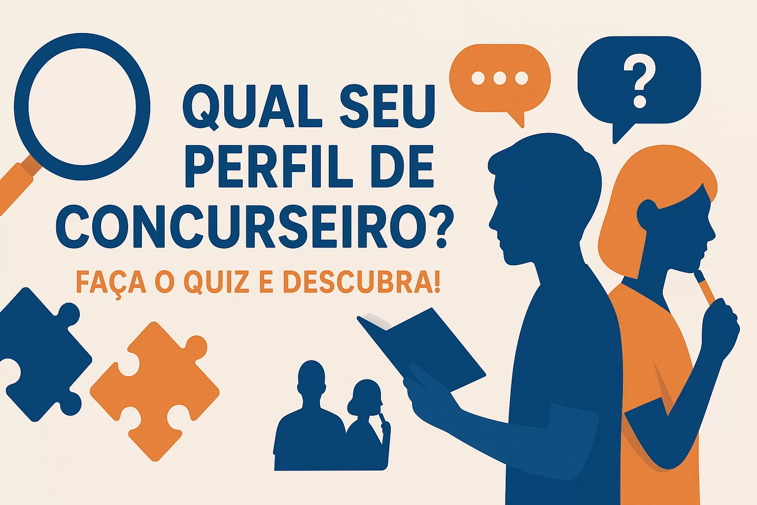 Ilustração flat de um quiz divertido para concurseiros descobrirem seu tipo de perfil de estudo, com ícones representando estrategista, desbravador, revisor e equilibrado.