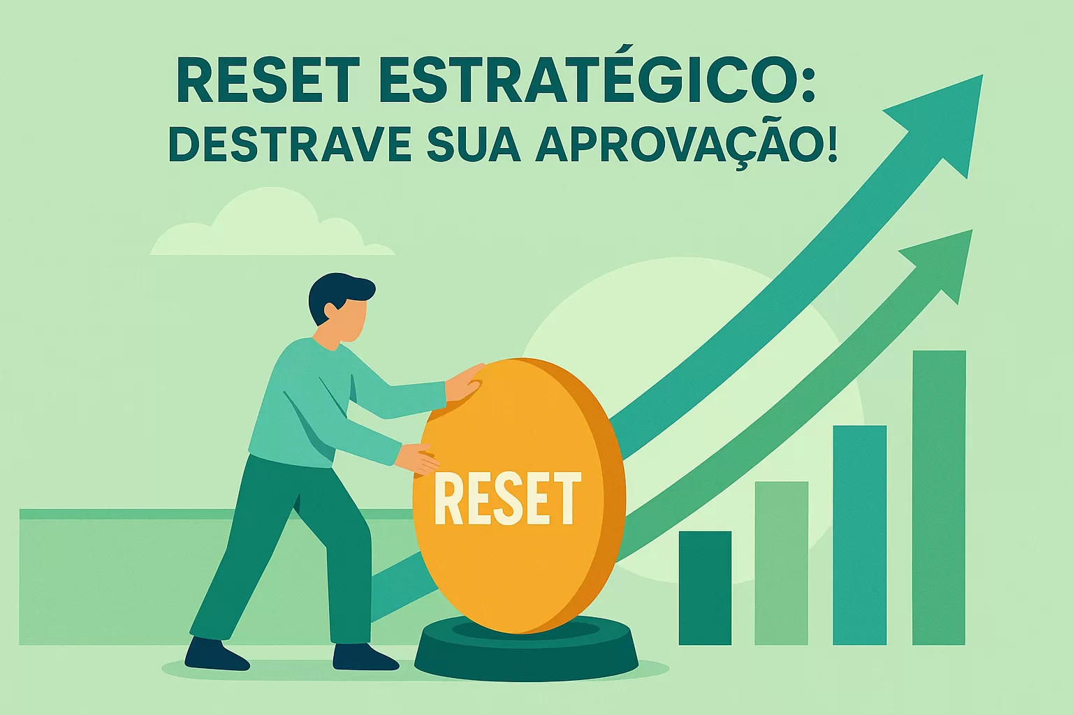 Ilustração flat de concurseiro(a) aplicando um 'reset estratégico' para superar o platô nos estudos e destravar a evolução rumo à aprovação.