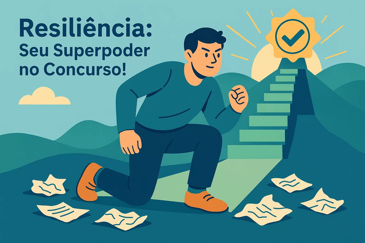 Ilustração flat de concurseiro(a) se levantando após reprovações, demonstrando resiliência e determinação para continuar estudando para concursos.