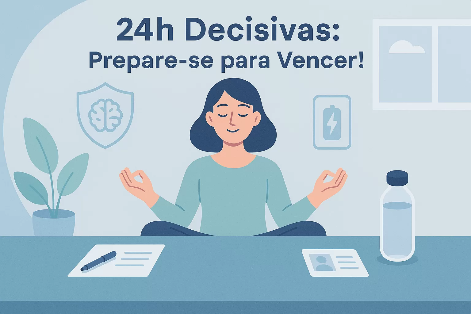Ilustração flat de concurseiro(a) executando um ritual pré-prova nas 24 horas decisivas para otimizar mente e memória para o concurso.