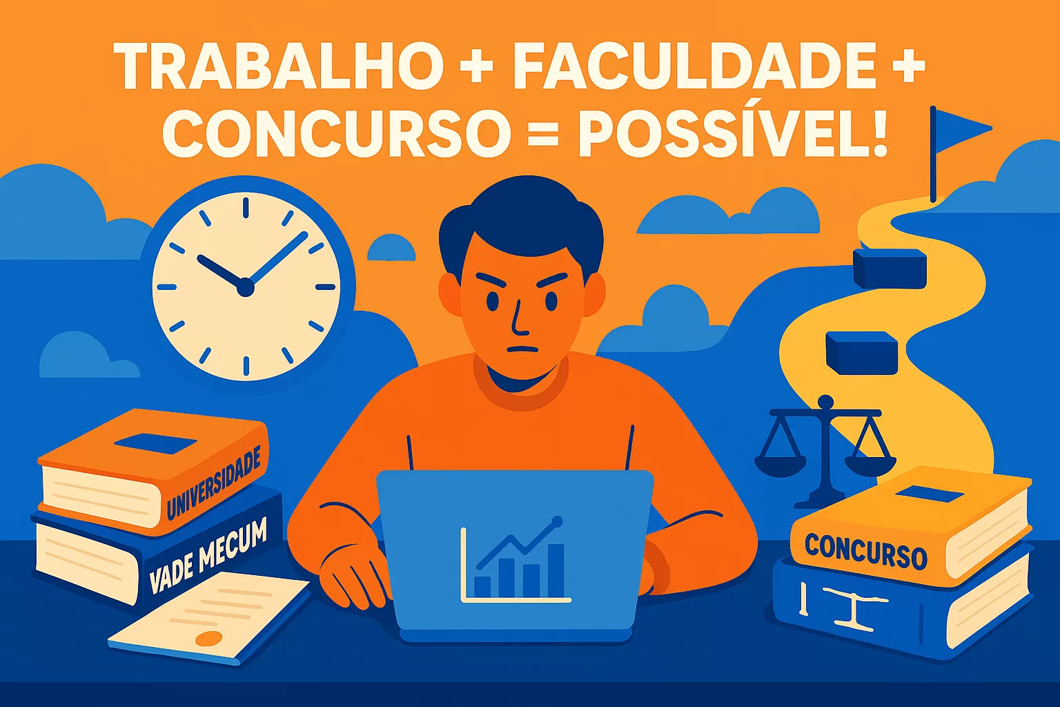 Ilustração flat de concurseiro(a) que trabalha e faz faculdade, mostrando como conquistou a aprovação em concurso para Tribunal em 1 ano com rotina intensa.