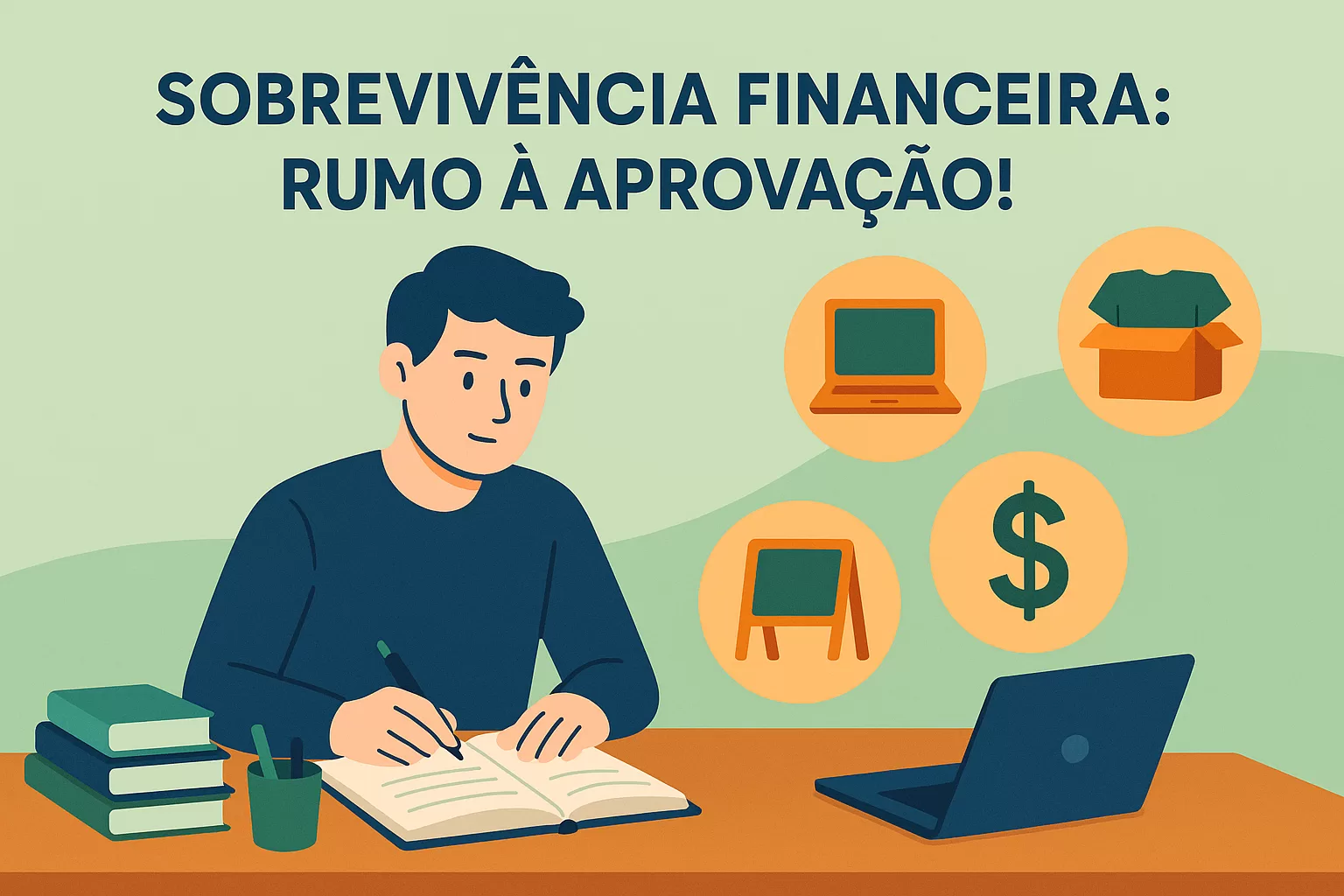 Ilustração flat de concurseiro raiz gerenciando estudos e finanças, com dicas de sobrevivência financeira e ideias de renda extra.