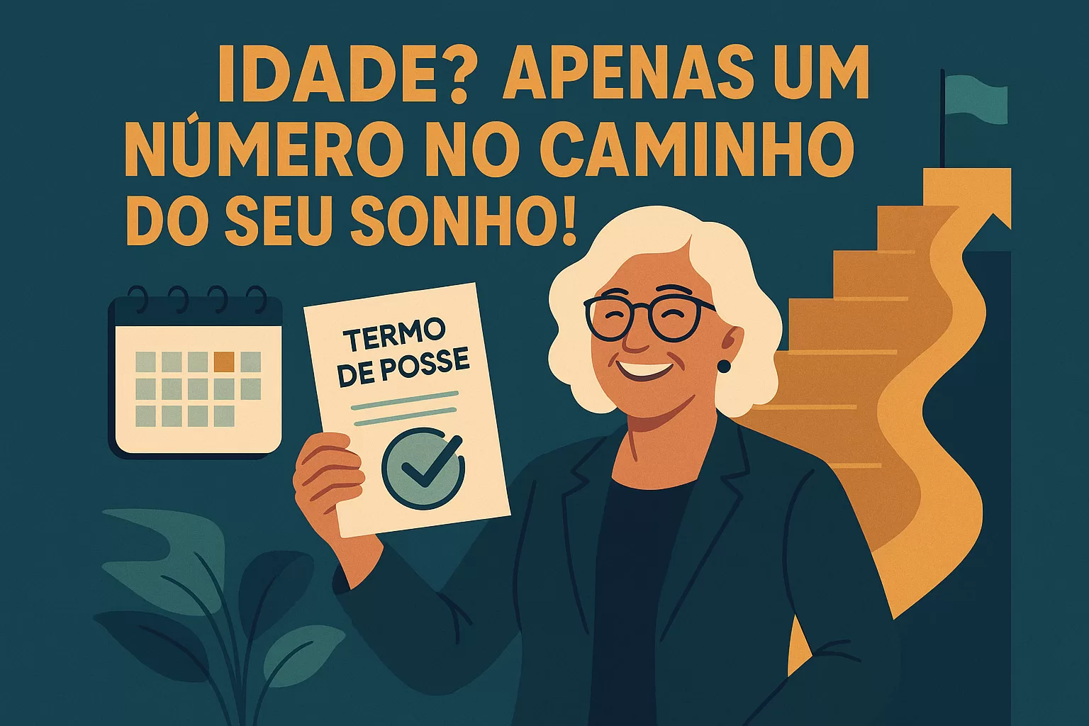 Ilustração flat de pessoa mais velha aprovada em concurso público, simbolizando a superação da barreira da idade e a prova de que nunca é tarde para ser servidor.