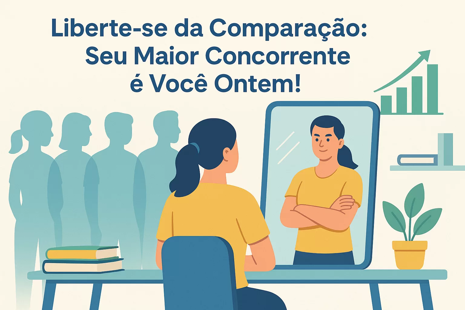 Ilustração flat de concurseiro(a) superando a comparação com outros, focando no próprio progresso refletido em um espelho, com o lema "Sua Jornada, Seu Foco".