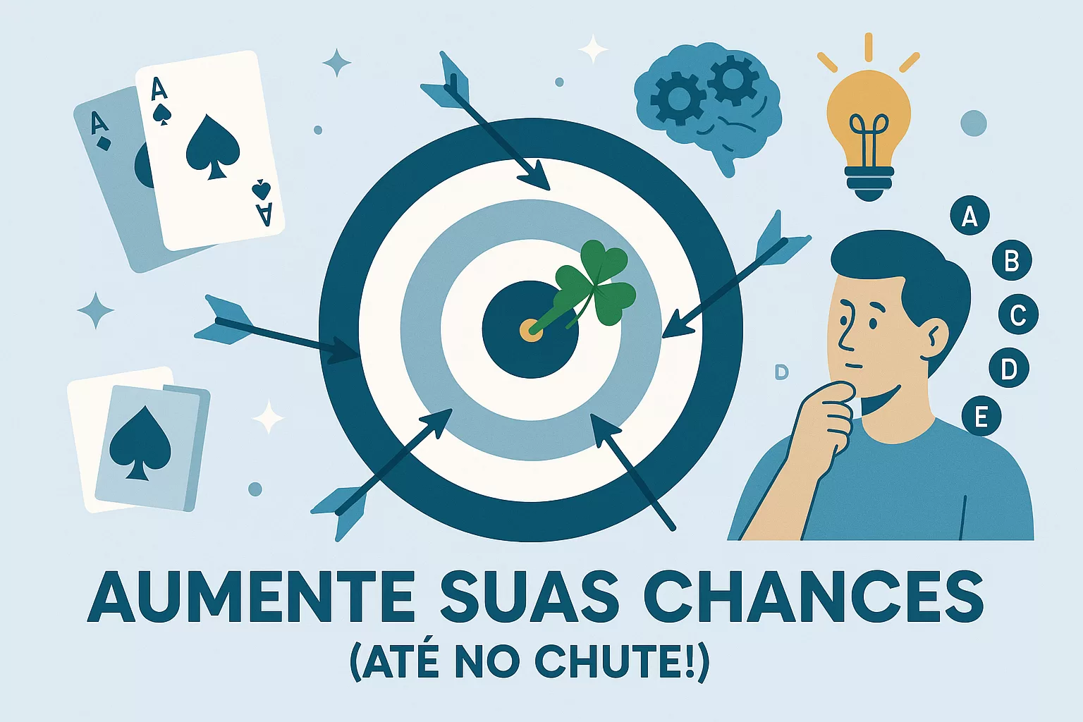 Ilustração flat sobre técnicas de chute estratégico em concursos públicos para aumentar as chances de acerto em questões difíceis.