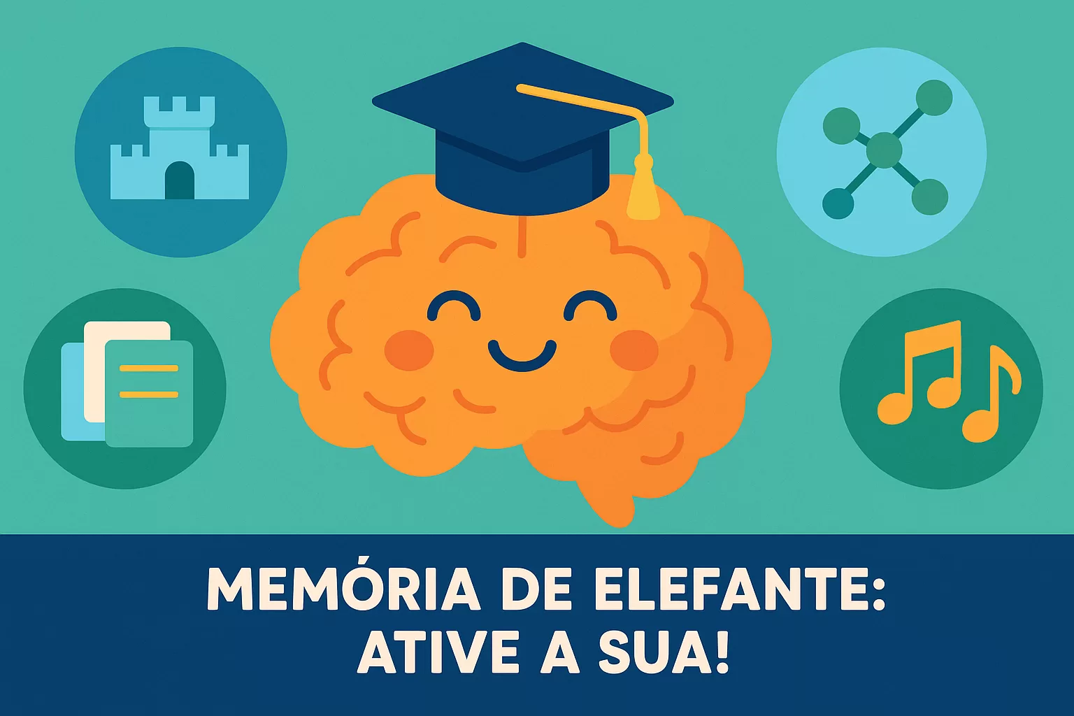 Ilustração flat de um cérebro feliz com chapéu de elefante, simbolizando memória turbinada para concursos com técnicas de memorização baseadas na neurociência.