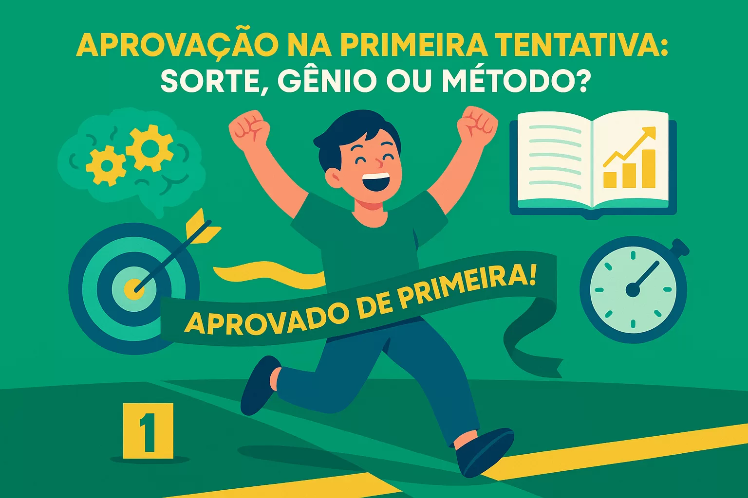 Ilustração flat de concurseiro(a) celebrando a aprovação de primeira em concurso, simbolizando a união de sorte, genialidade e estratégia pura.