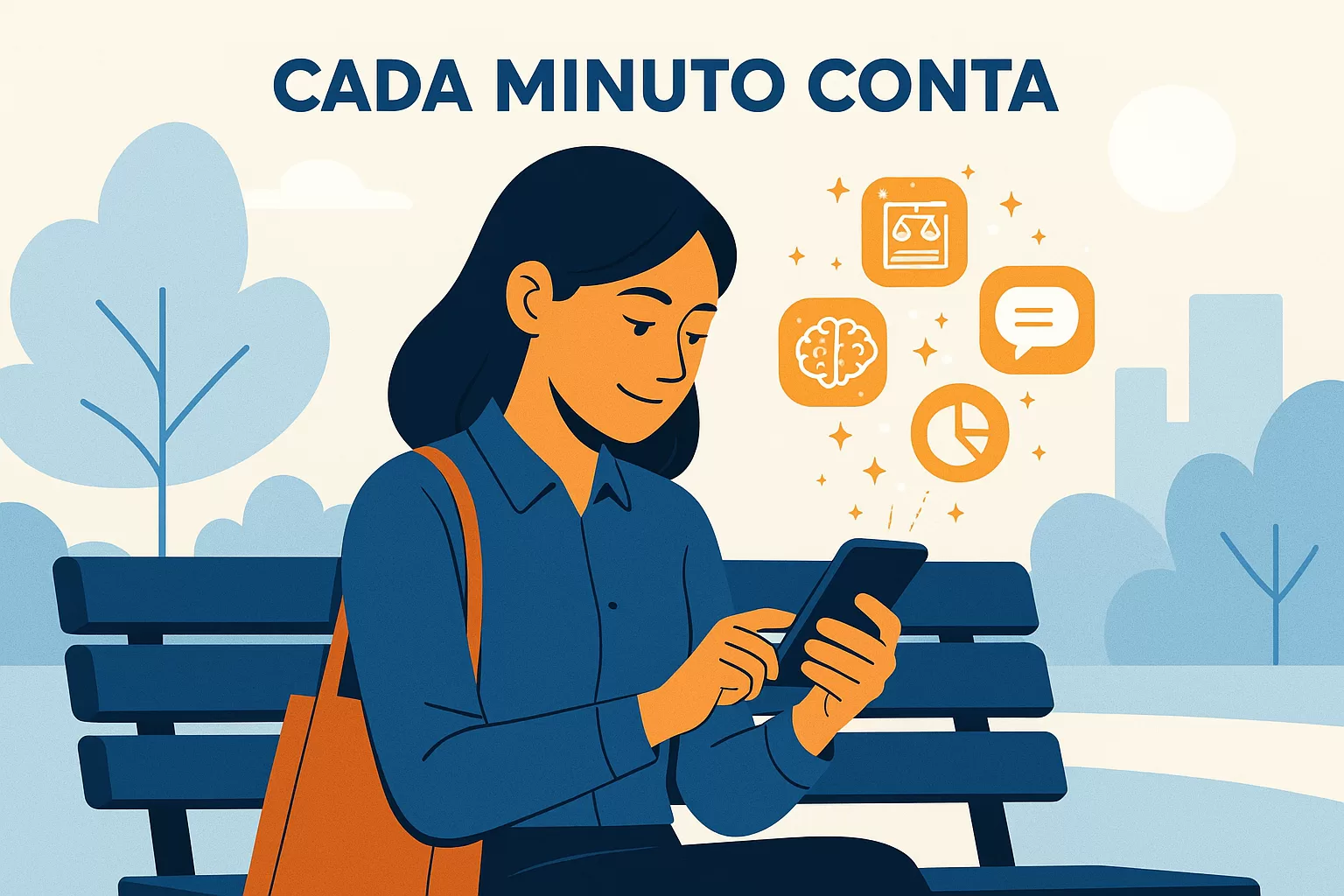 Ilustração em estilo flat de uma concurseira aplicando estratégias de estudo para quem tem pouco tempo, usando o celular para acessar pílulas de conhecimento sobre leis, raciocínio lógico e outras matérias de concursos.