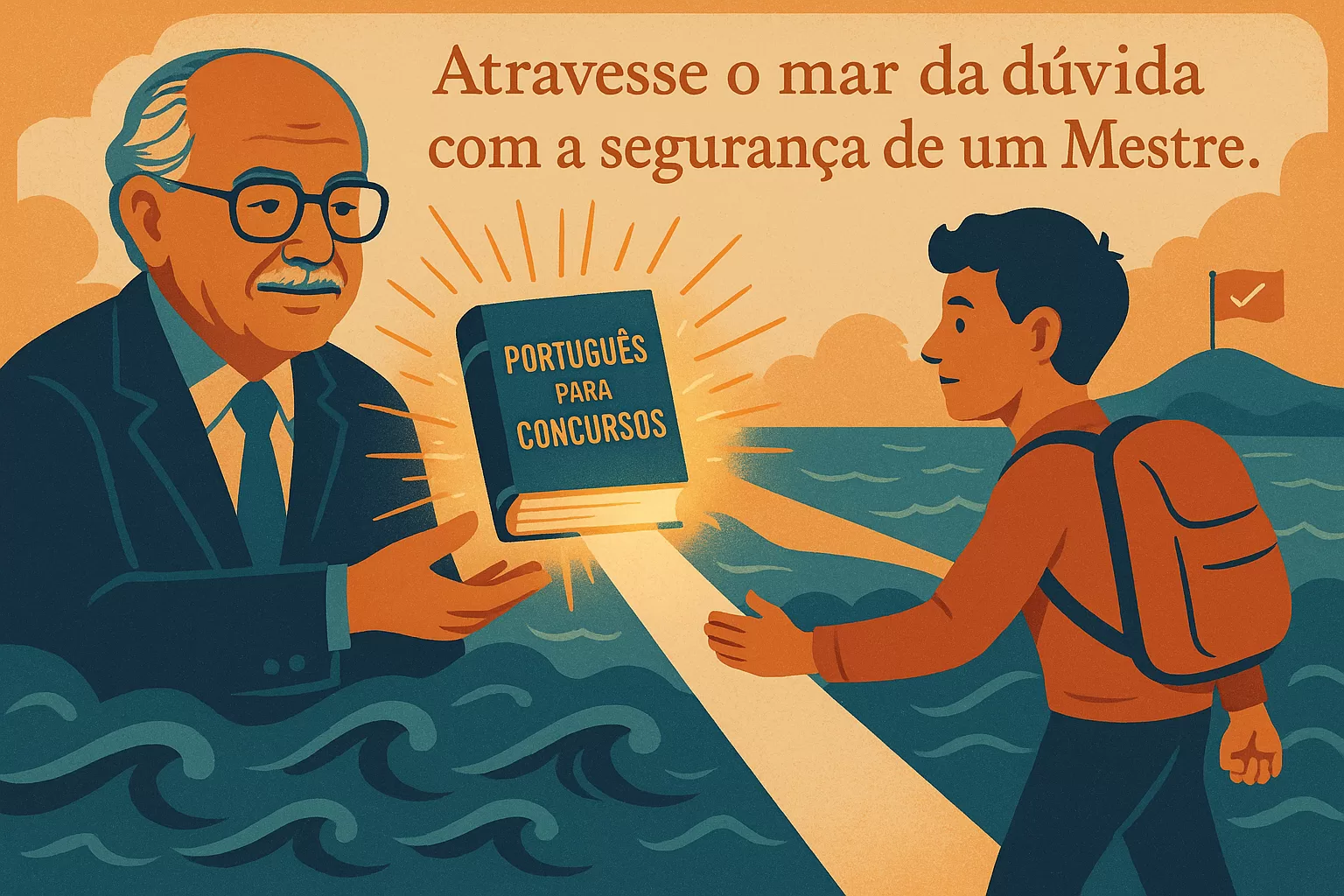 Ilustração em flat design de Evanildo Bechara entregando seu livro "Português para Concursos" a um concurseiro, criando uma ponte sobre um mar de dúvidas em direção à aprovação.