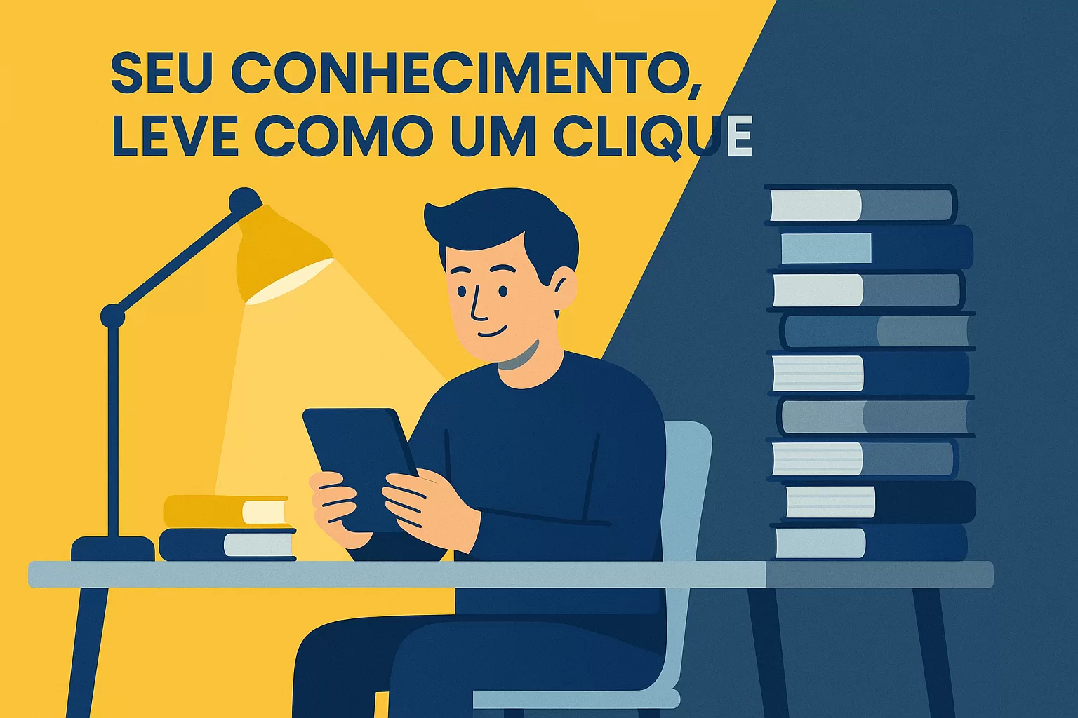 Ilustração em flat design de um concurseiro estudando com um Kindle, mostrando a eficiência e a portabilidade do aparelho em comparação com uma pilha pesada de livros. O texto na imagem diz: 'Seu conhecimento, leve como um clique', reforçando os benefícios do Kindle para concurseiros.