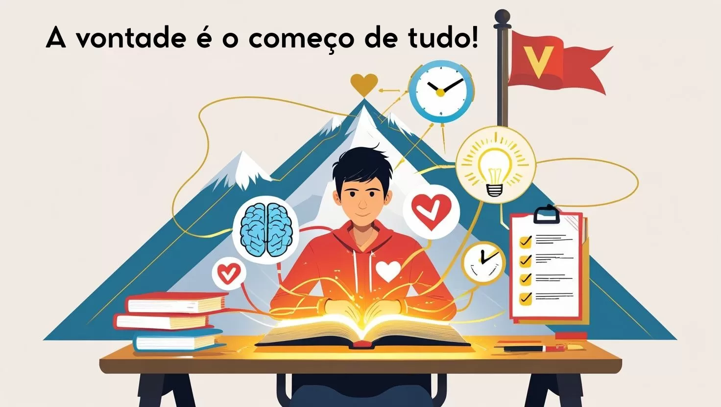 Ilustração em flat design mostrando as lições do livro 'Como Passar em Provas e Concursos' de William Douglas. Um concurseiro estuda o livro, de onde saem ícones de mentalidade, gestão do tempo e técnicas de estudo, guiando-o para a aprovação.