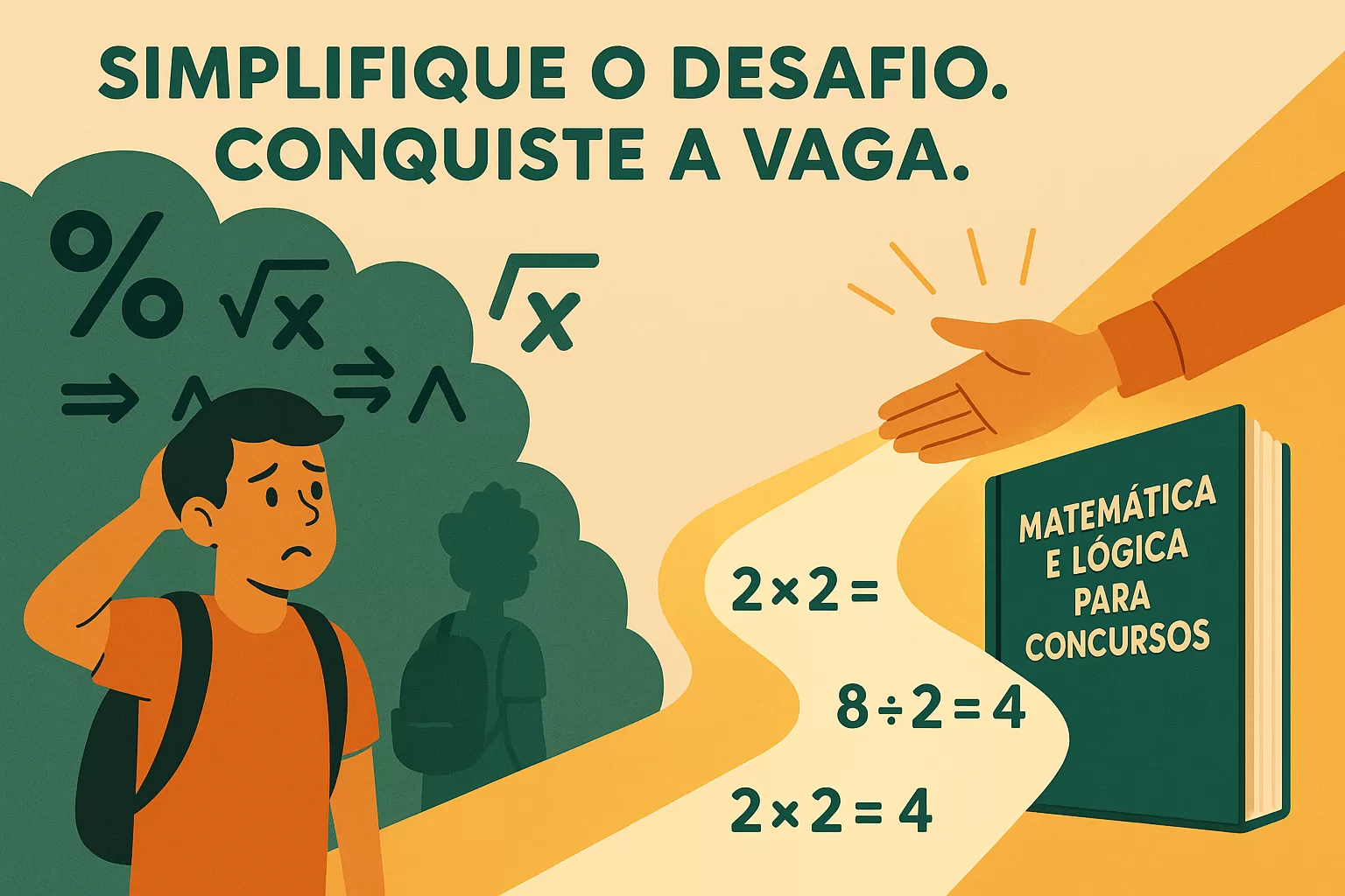 Ilustração em flat design sobre como vencer o medo de matemática e lógica para concursos. Um concurseiro encara símbolos matemáticos confusos, mas um livro oferece um caminho claro para a solução e a aprovação.