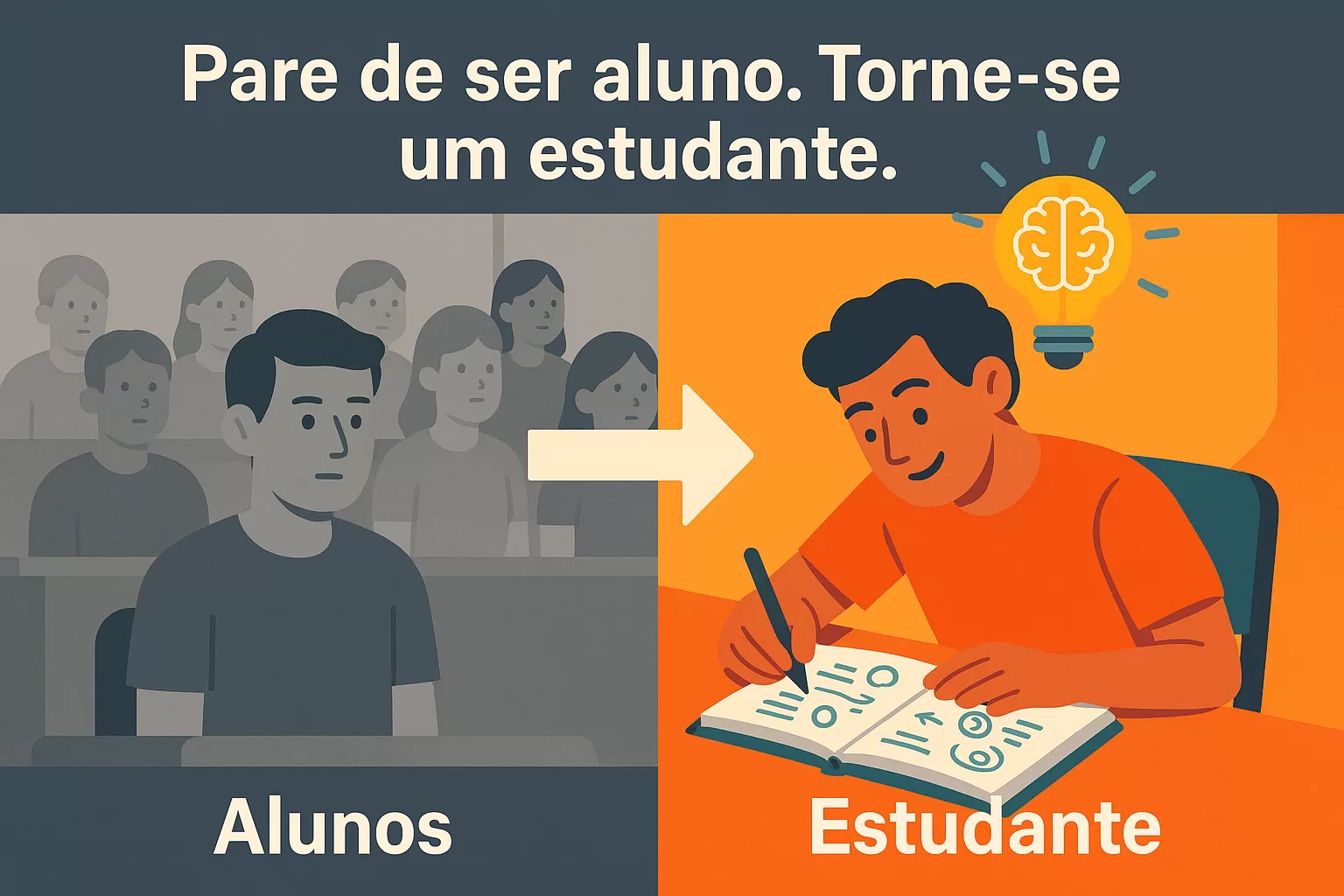 Ilustração em flat design mostrando a diferença entre ser 'aluno' (passivo, em grupo) e ser 'estudante' (ativo, solitário), conforme o método do Professor Pier para concursos.