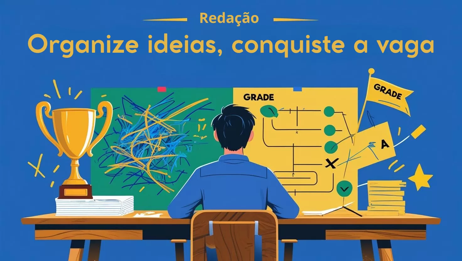 Ilustração em estilo flat design de um estudante aplicando o método Redação com Lógica para organizar suas ideias, transformando um pensamento confuso em uma estrutura de texto clara para passar em concursos e vestibulares.